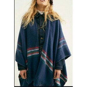 NWT Free People Wren Poncho Cape Blanket Wrap Blue Striped Fringed OSFM